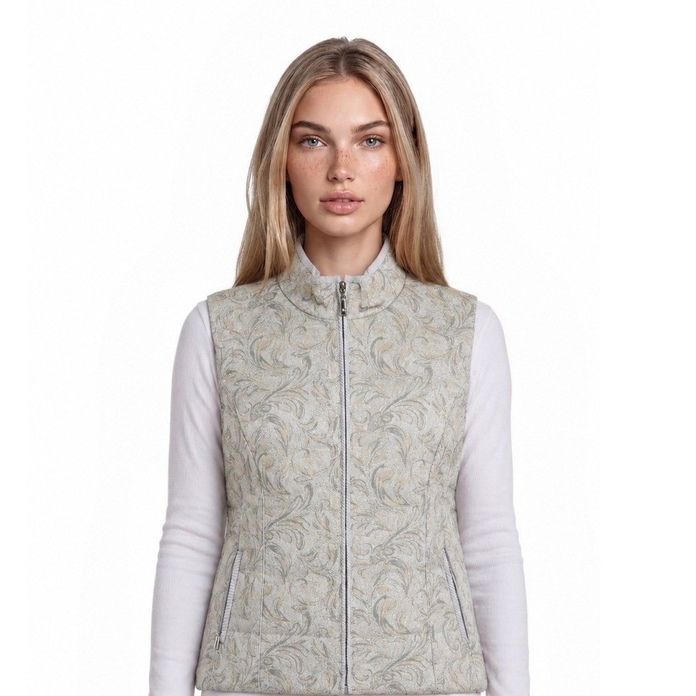 White House Black Market Puffer Vest Womens Size Medium Damask Gold Silver Cream
